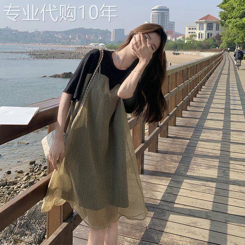 法式纱裙洋装女夏2026新款气质显瘦小个子微胖拼接假两件吊带裙