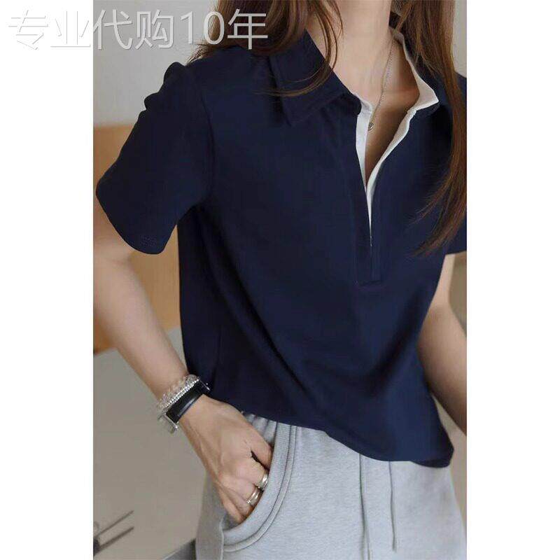 韩版藏蓝色显瘦短袖T恤女2025夏季新款简约正肩时尚百搭舒适上衣