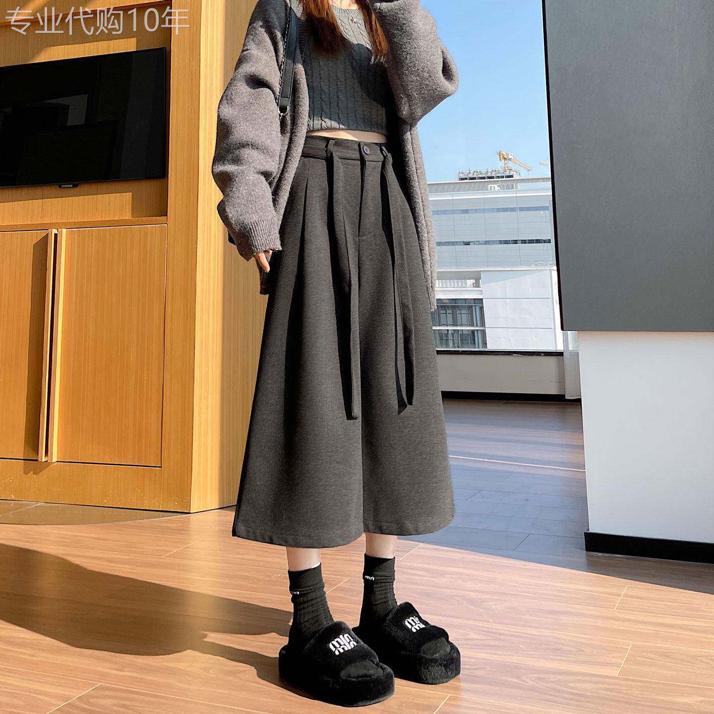 灰色毛呢七分阔腿西装裤女2025年秋冬季新款高腰小个子直筒休闲裤