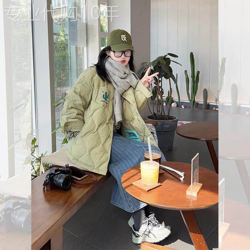 绿色菱格夹棉棉服外套女冬季2025新款短款独特超好看棉袄棉衣大衣