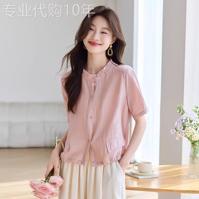 2025新款亚麻短袖衬衫女 文艺通勤风天丝上衣 显瘦短款棉麻小衫