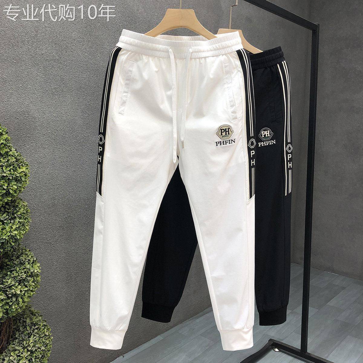 高端刺绣白色卫裤男士2025夏季潮牌高价修身束脚裤薄款抽绳运动裤