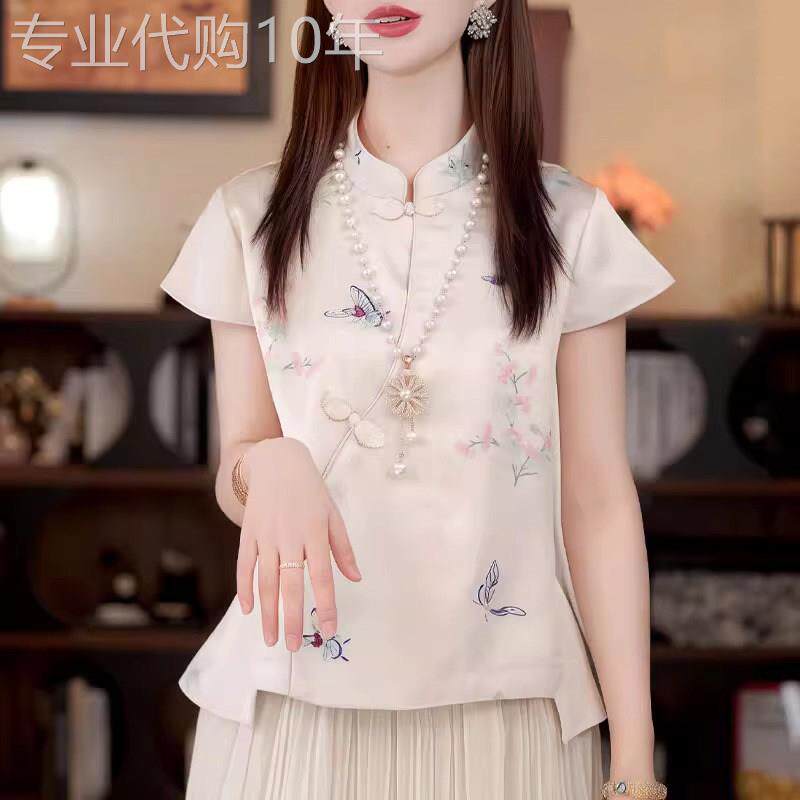 立领绝美国风盘扣短袖衬衫女夏季2025新款桑蚕丝新中式气质上衣女
