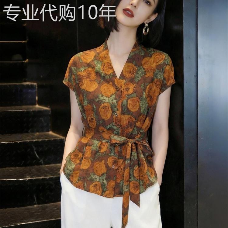 潮牌时尚V领雪纺衬衫女士夏季新款收腰显瘦短袖上衣气质百搭衬衣