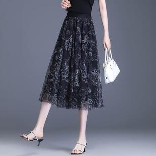 薄款 2025夏季 气质印花网纱a字高级感半身裙女士高腰显瘦大摆裙子