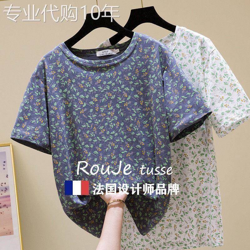 法国Rouje tusse宽松纯棉圆领T恤夏季大尺码女装休闲 短袖碎花打