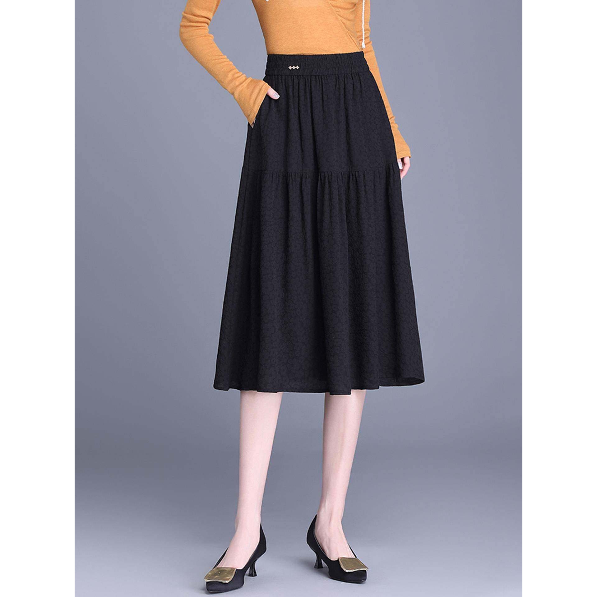 百搭黑色提花半身裙女2025年春秋新款高腰显瘦中长款小个子a字裙