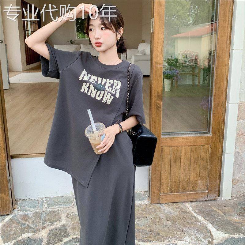 韩版高级感灰色设计感套装裙2026新款女夏简约T恤半裙两件套穿搭