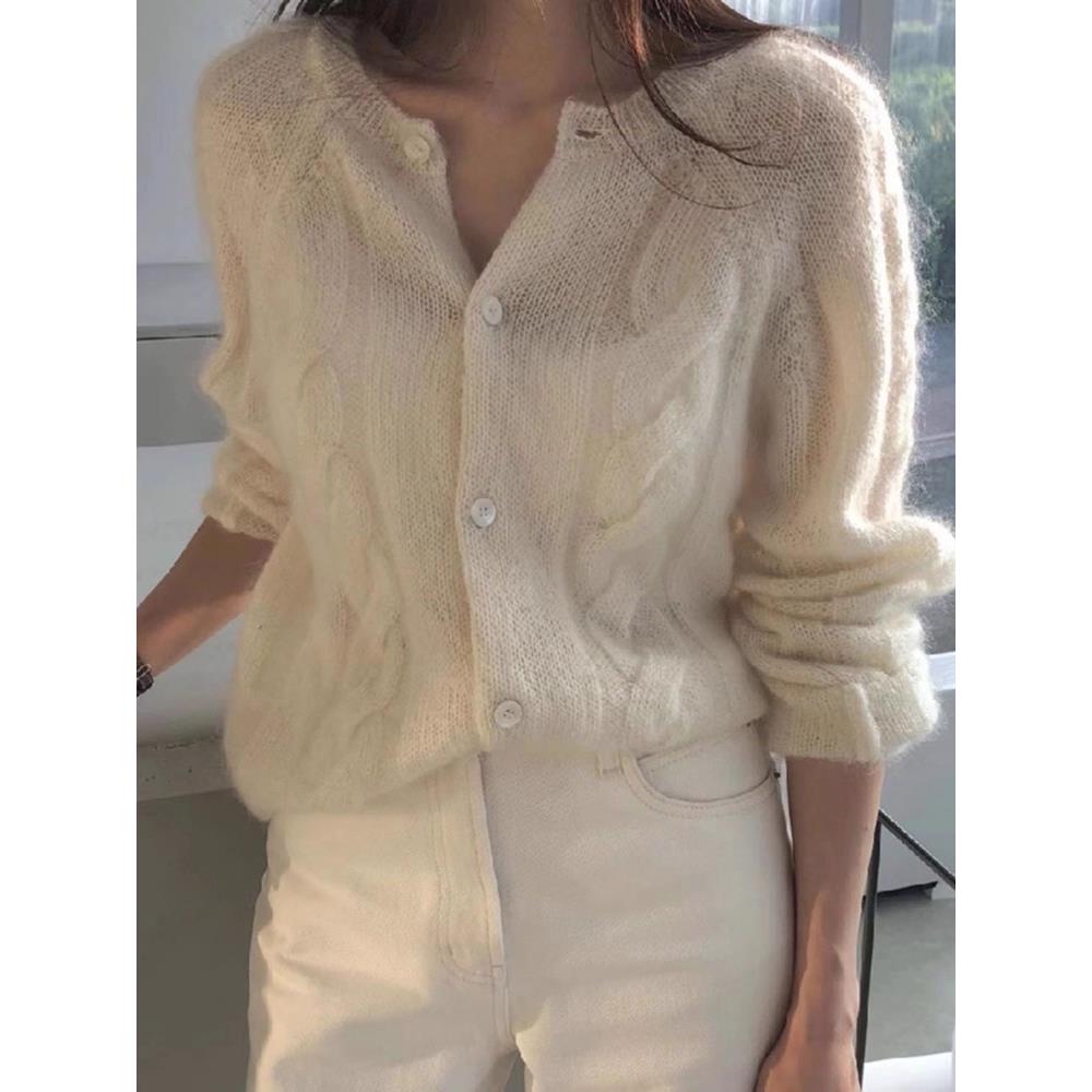 日系马海毛针织开衫女薄款春秋2025新款温柔慵懒麻花圆领毛衣外套