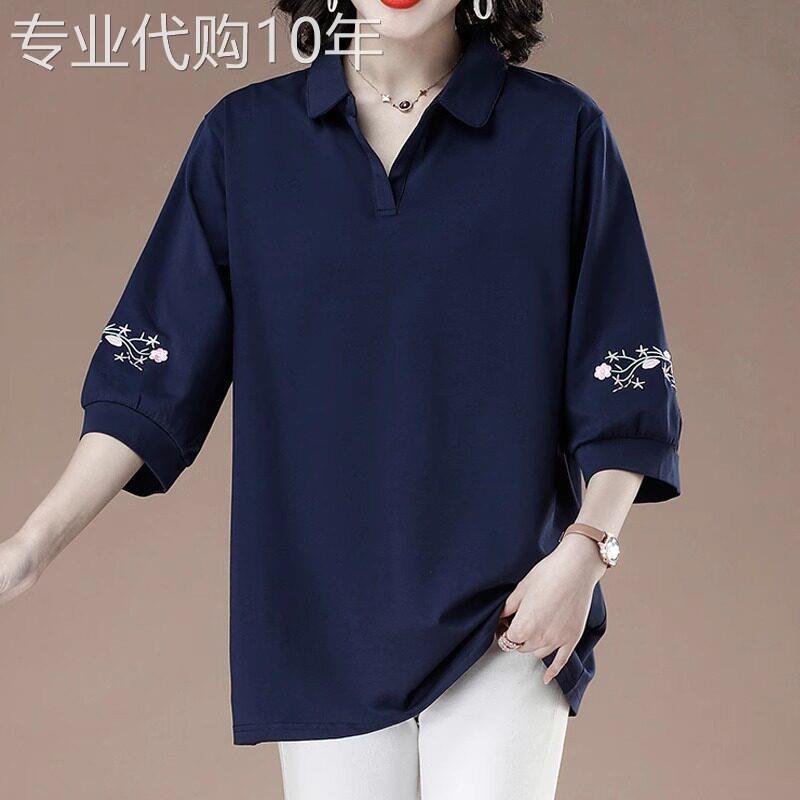 翻领中袖七分袖上衣女T恤夏2025新款大尺码宽松半袖遮肚洋派polo