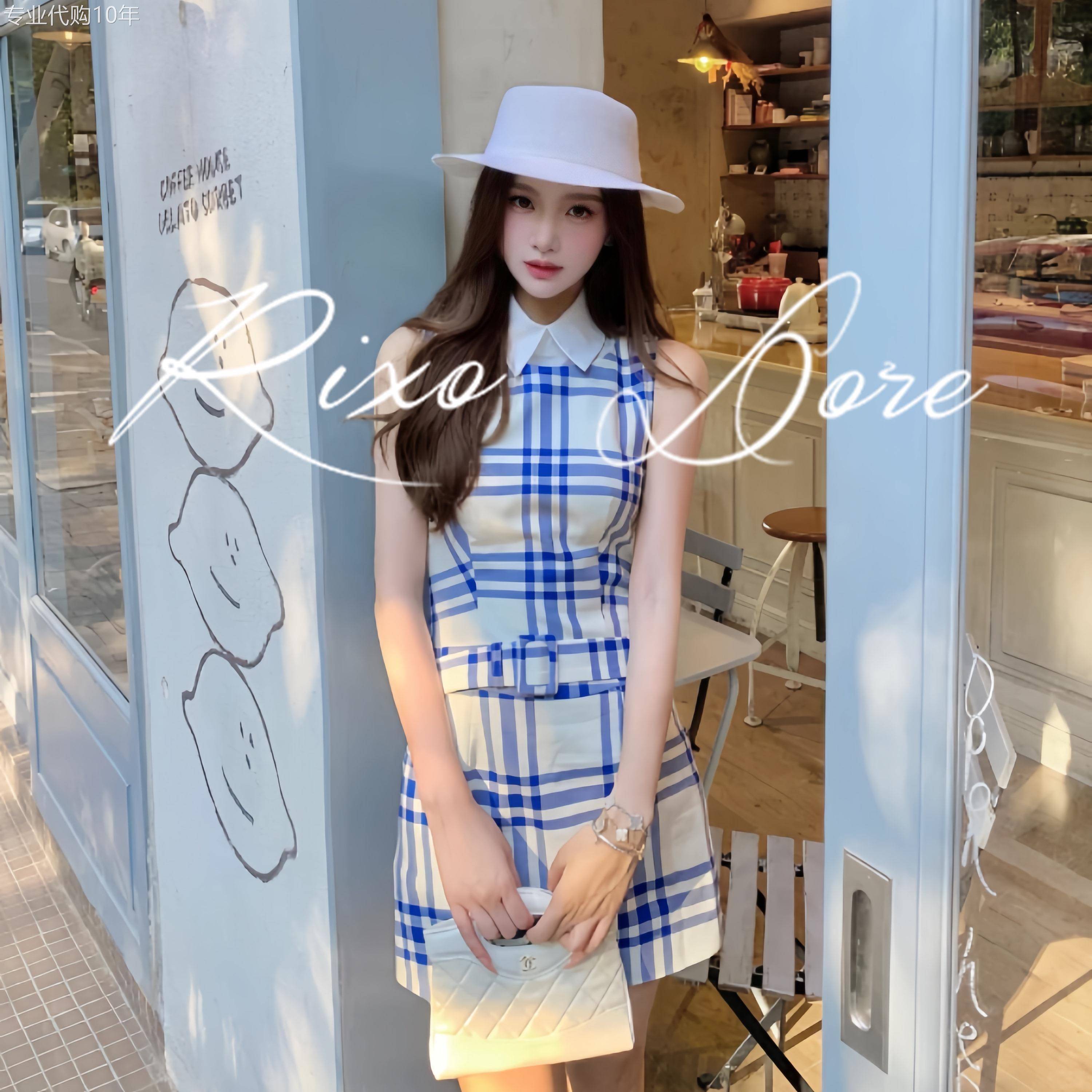 RIXO DORE法式蓝白格纹千金风假两件腰带装饰收腰气质感连衣裙女