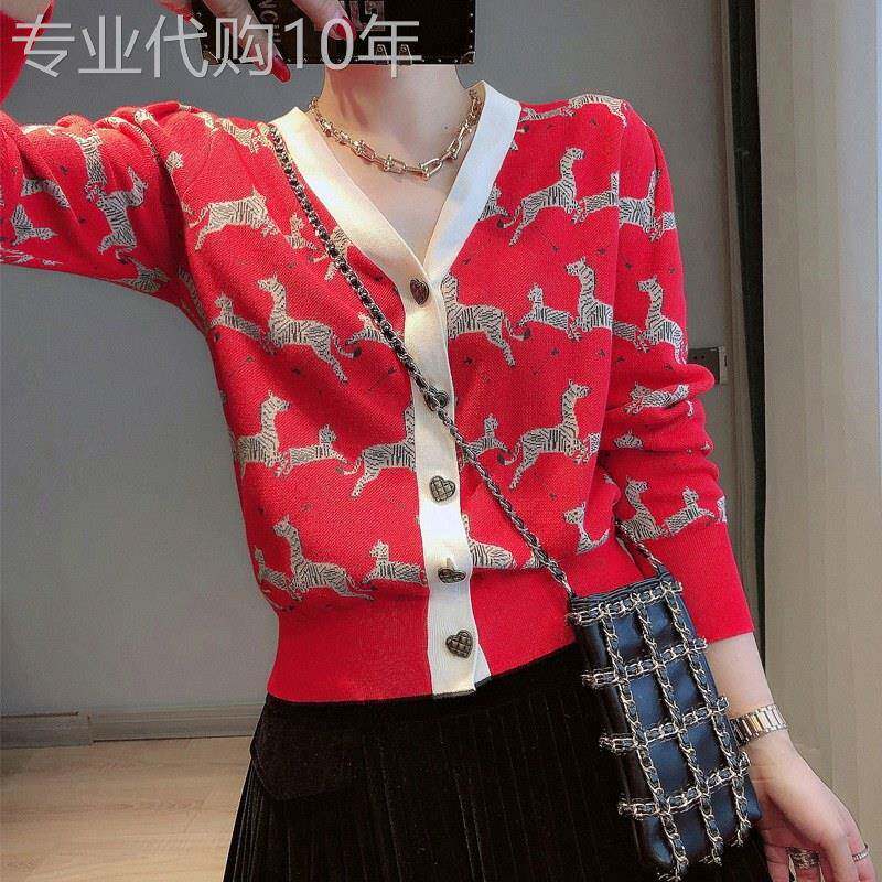 红色小香风针织开 衫女春秋欧货洋派小衫气质长袖上衣V领毛衣外套