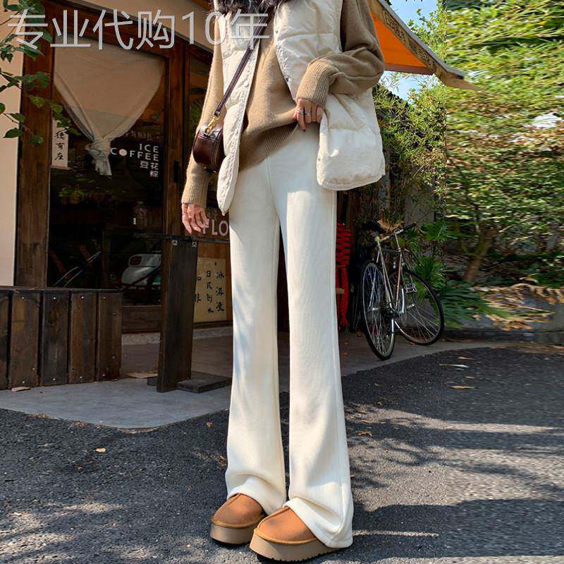 加绒灯芯绒微喇叭裤女2025年秋冬季新款高腰白色垂感拖地休闲裤子