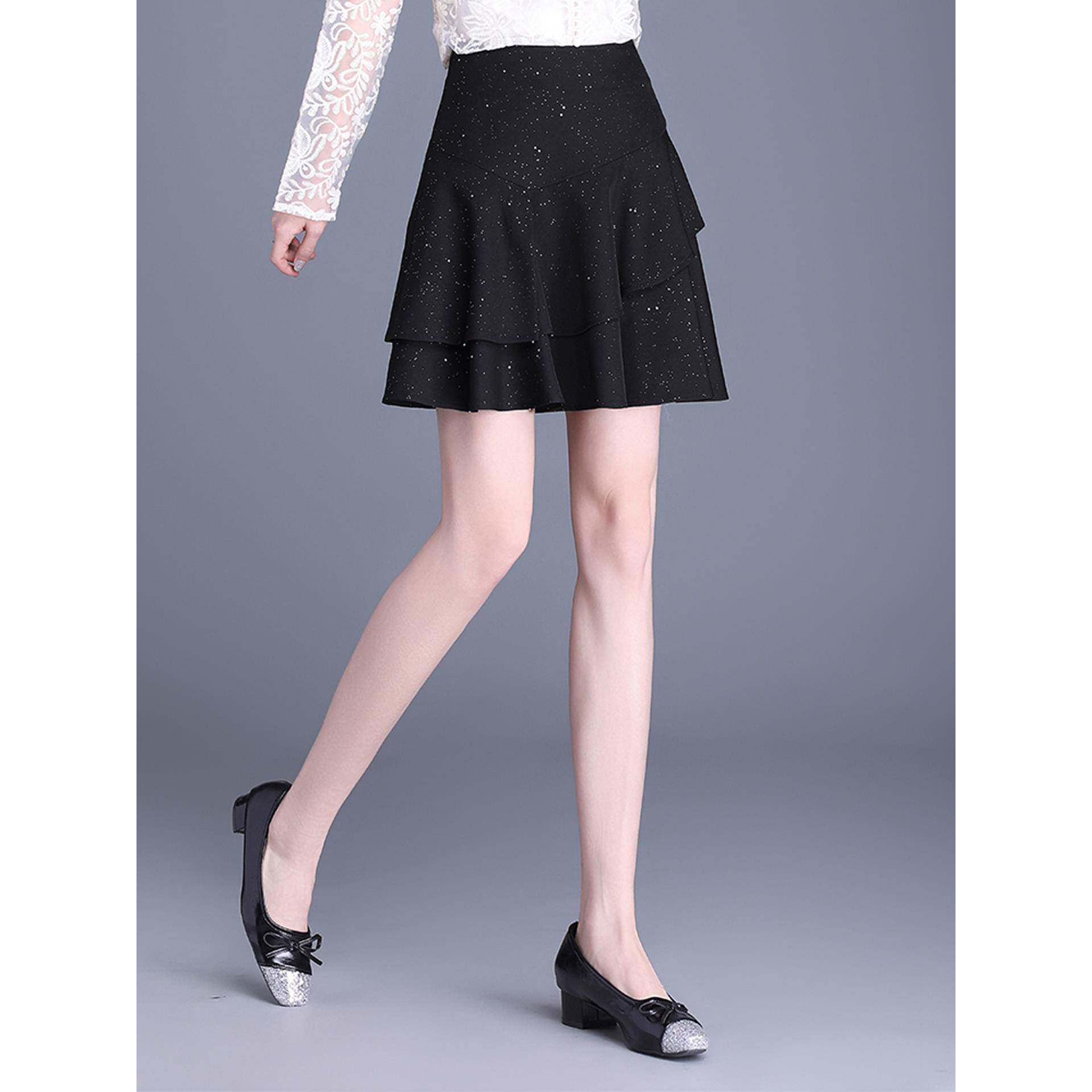 时尚黑色亮片半身裙女2025年春秋新款高腰显瘦a字裙小个子边短裙