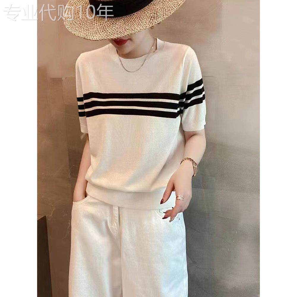 韩国休闲条纹短袖t恤女2026夏季新款圆领套头减龄显瘦针织衫上衣