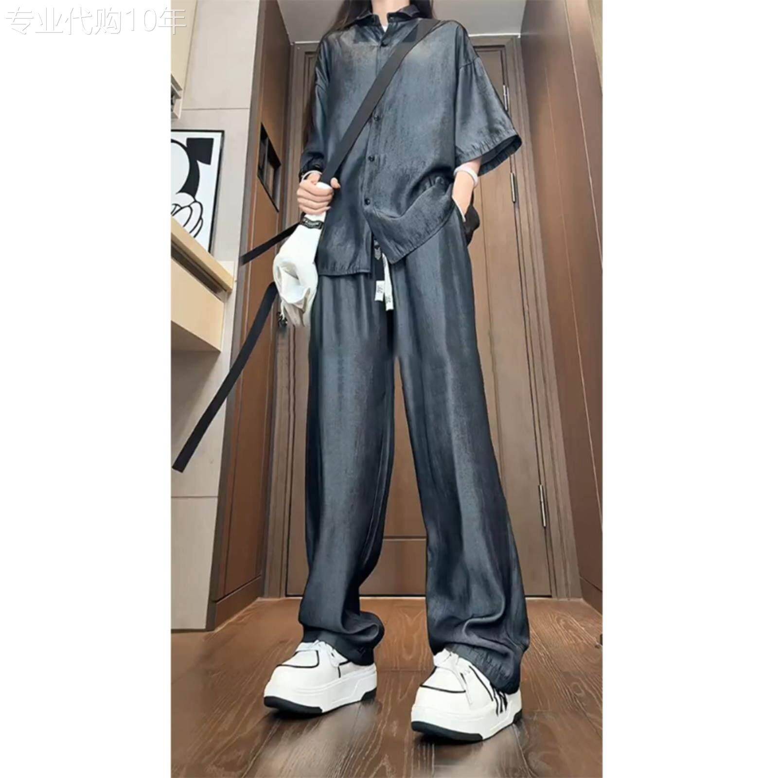 冰丝休闲套装男士夏季薄款缎面垂感衬衫短袖长裤子痞帅男装两件套