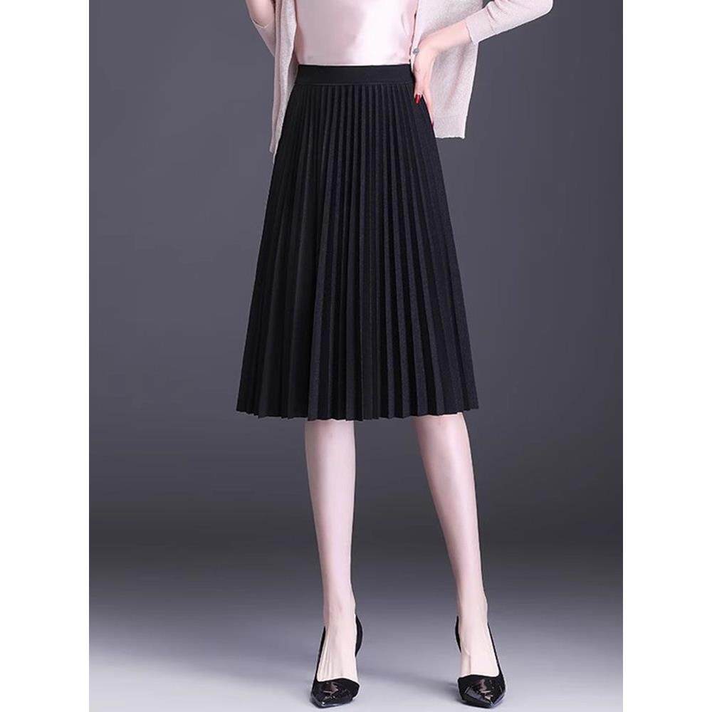 黑色百褶半身裙女春夏2025年新款高腰中长款a字裙小个子气质伞裙