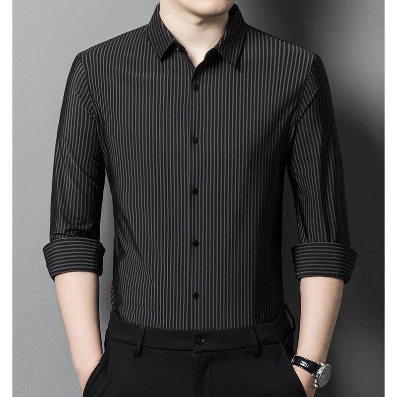 长袖衬衫男士春秋款加绒加厚纯棉保暖衬衣男时尚休闲商务条纹寸衣