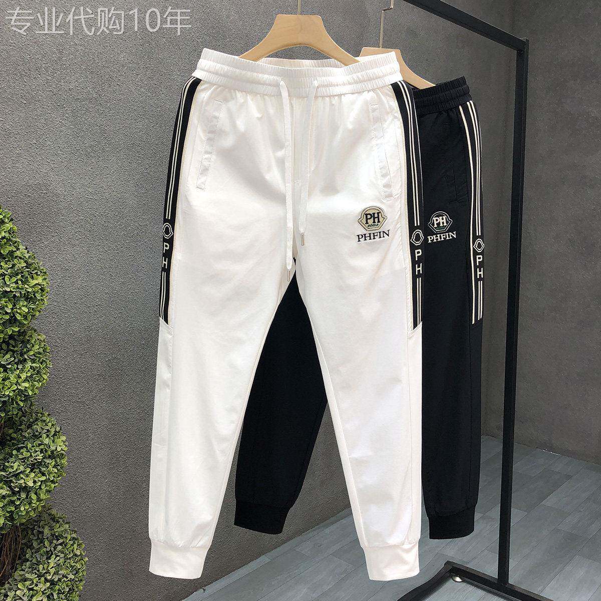 高端刺绣白色卫裤男士2025夏季潮牌高价修身束脚裤薄款抽绳运动裤