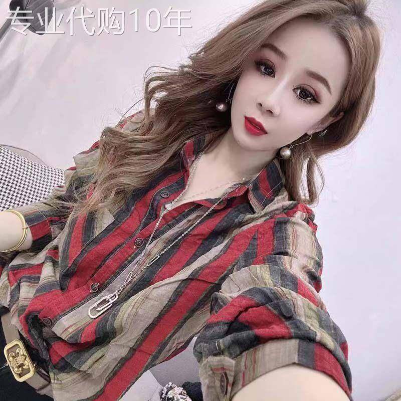 棉麻衬衫女士夏季欧货防晒衬衫薄款条纹亚麻polo翻领长袖上衣大尺