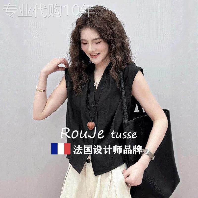 Rouje tusse黑色V领无袖衬衫背心T恤女小众上衣真丝显瘦独特衬衫
