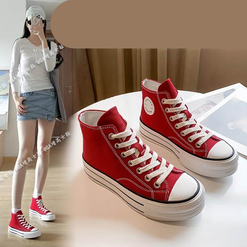 增高8cm~厚底高帮帆布鞋女2025新款小个子内增高板鞋红色休闲鞋子