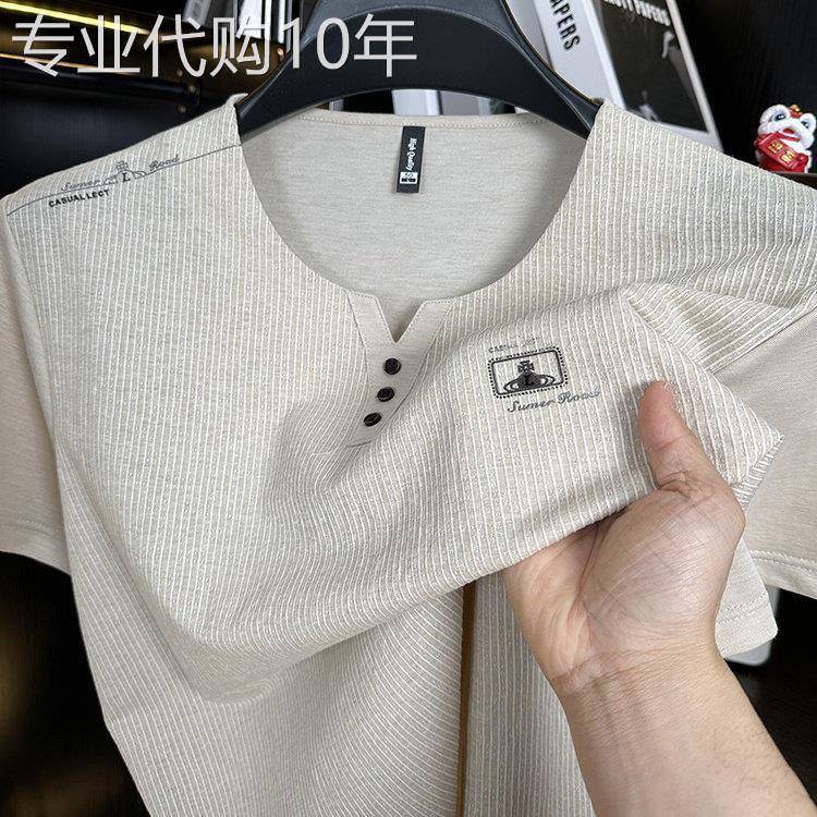 夏季冰氧棉短袖T恤男士复古彷亚麻鸡心V领爸爸装休闲上衣服T恤衫