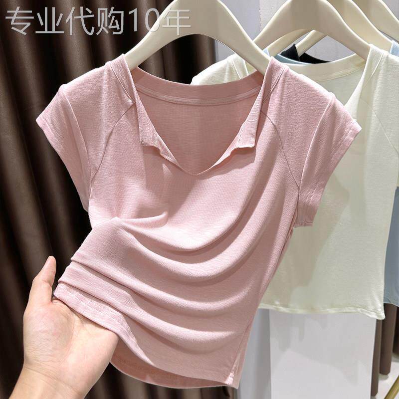 翻领短袖T恤女夏季薄款2026新款百搭气质修身显瘦V领减龄洋气上衣
