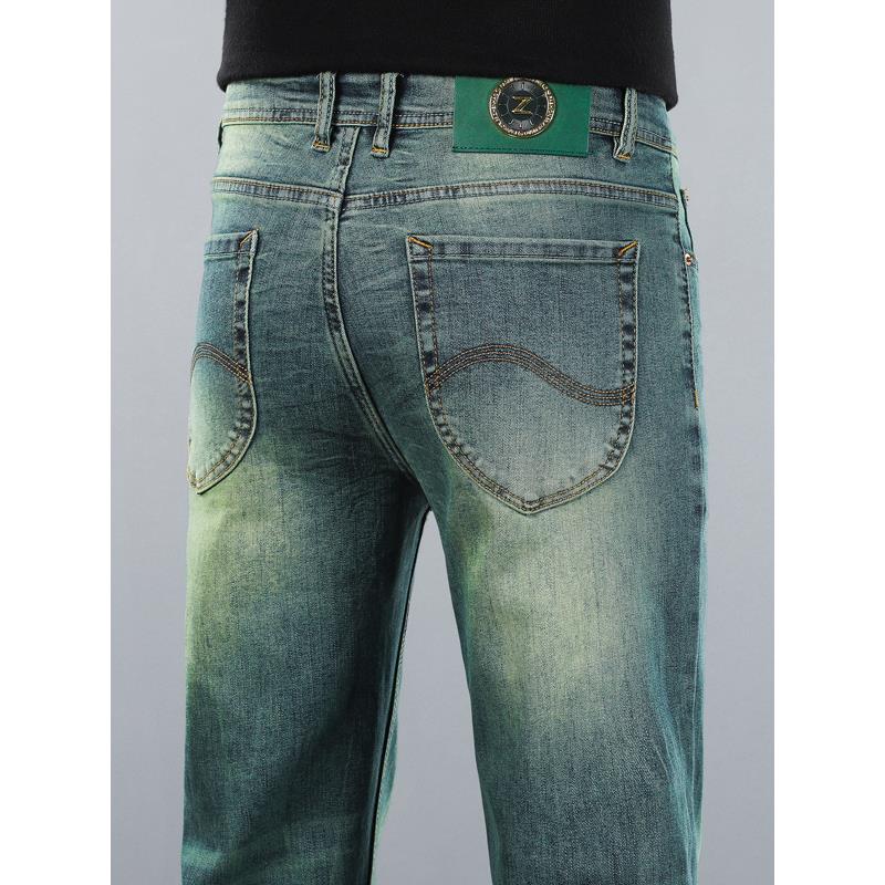 欧货高端秋季新款翡翠绿牛仔裤男修身直筒弹力休闲百搭潮牌长裤子