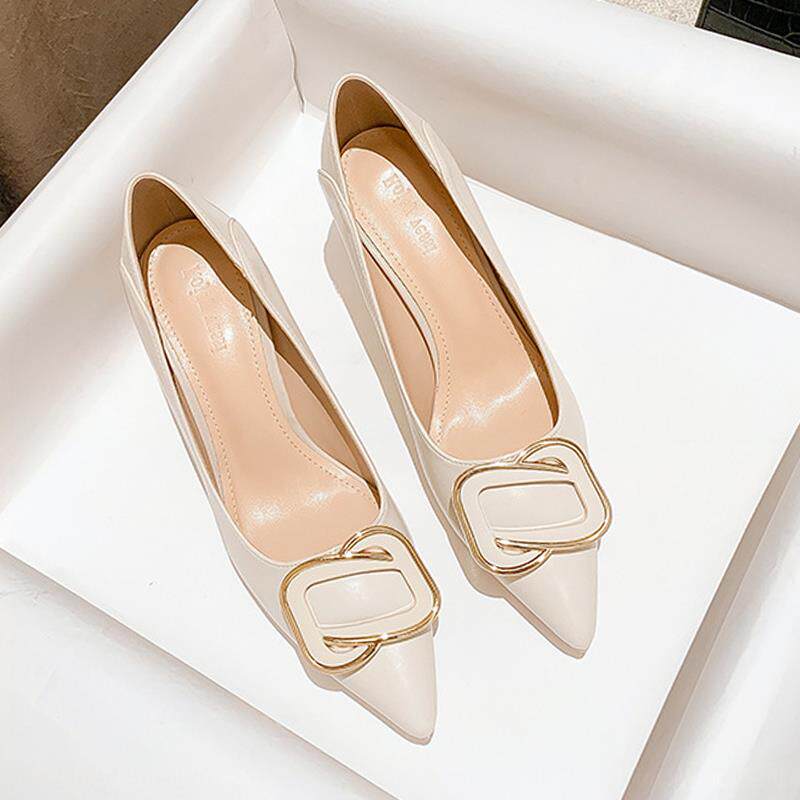 店主自留新款~真皮细跟高跟鞋女2024秋白色气质尖头浅口方扣单鞋