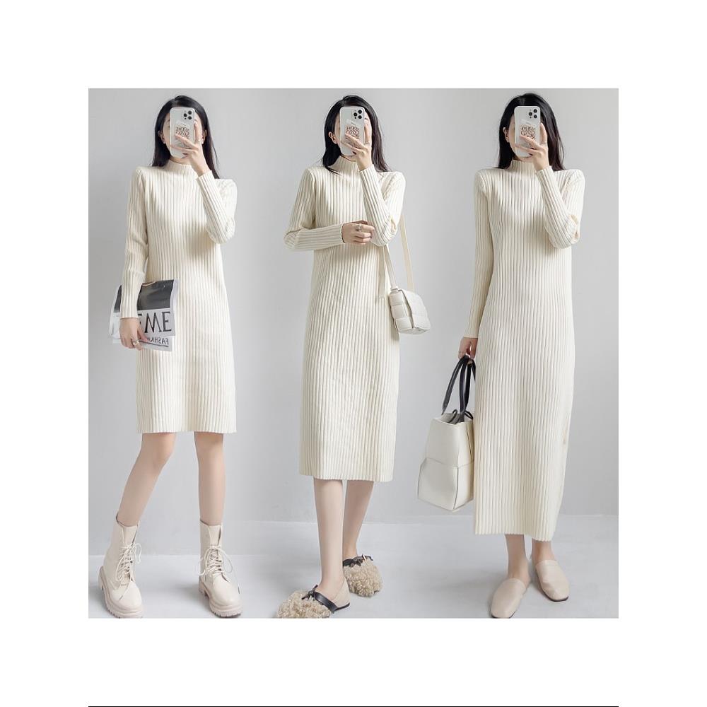 韩国秋冬季配大衣的毛衣裙女宽松内搭中长款打底衫过膝针织连衣裙