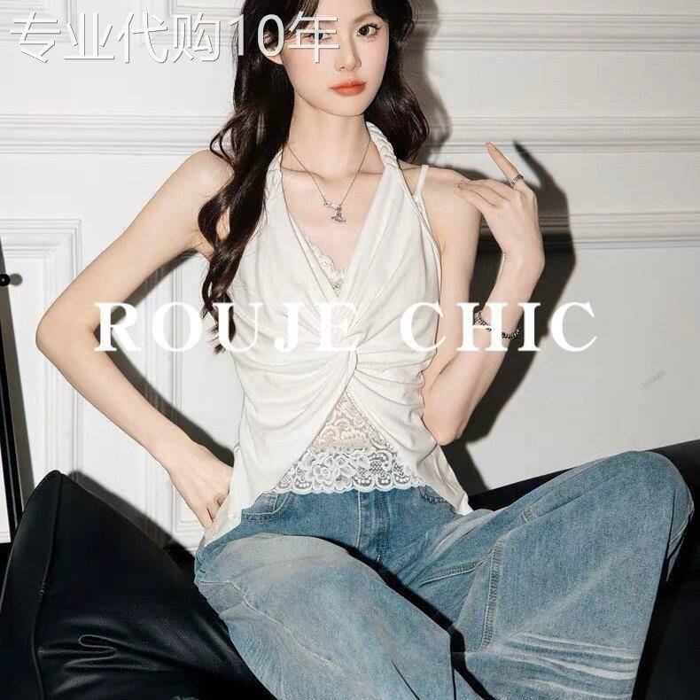 法国rouje chic蕾丝露肩无袖v领挂脖吊带背心女夏季美背外穿上衣
