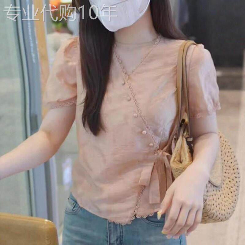 潮牌韩版设计感侧边系带花边领衬衫女夏减龄气质百搭温柔短袖上衣