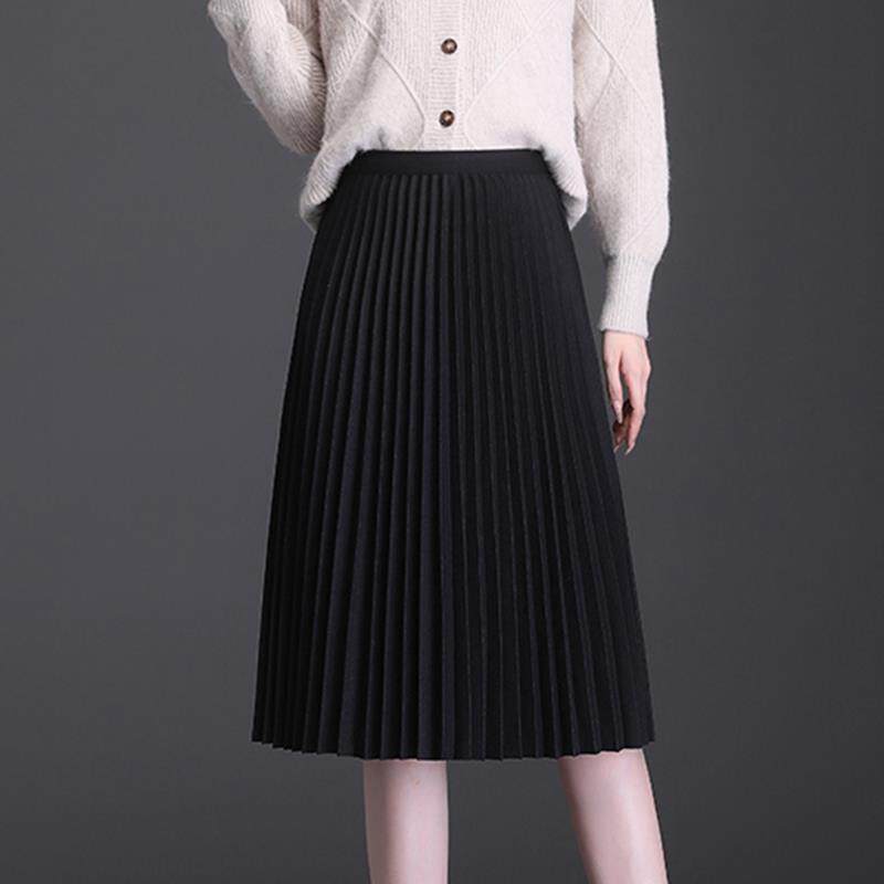 黑色半身裙女秋冬小个子高腰显瘦a字裙子中长款毛呢气质百褶裙