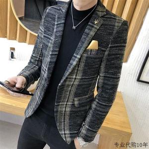 香港2023秋冬新款毛呢小西装男韩版潮流休闲男装修身格子西服外套