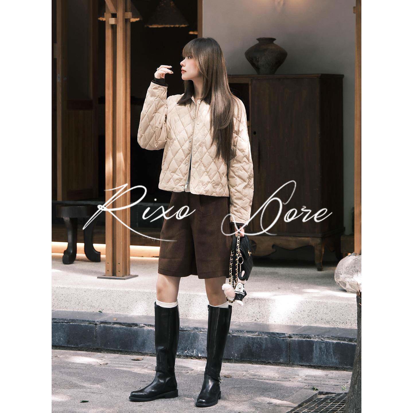 RIXO DORE法式小个子翻领菱形格棉服女新款百搭宽松薄款棉服外套