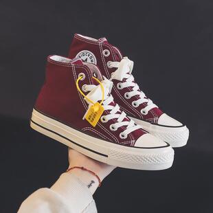 香港2025春夏新款酒红色高帮帆布鞋女学生透气情侣复古ins板鞋潮