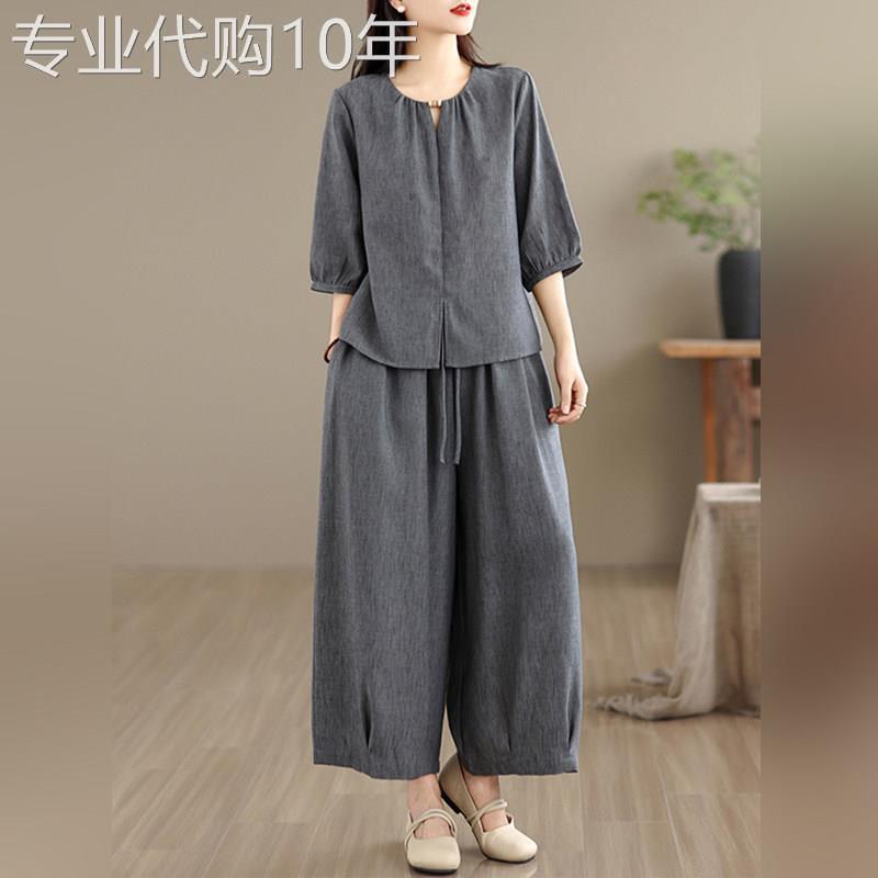 潮牌棉麻套装女士夏季2026年超火穿搭一整套中袖衬衫阔腿裤两件套