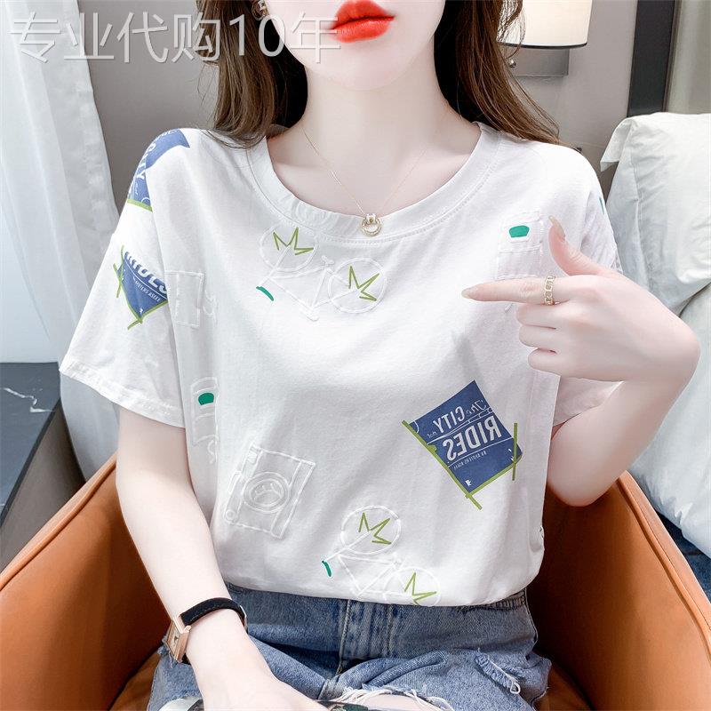 egmg纯棉白色短袖T恤女夏装新款百搭印花设计T恤衫时尚洋派上衣