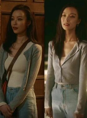 覆古港风灰色露脐针织开 衫女夏秋长袖修身毛衣外套短款上衣