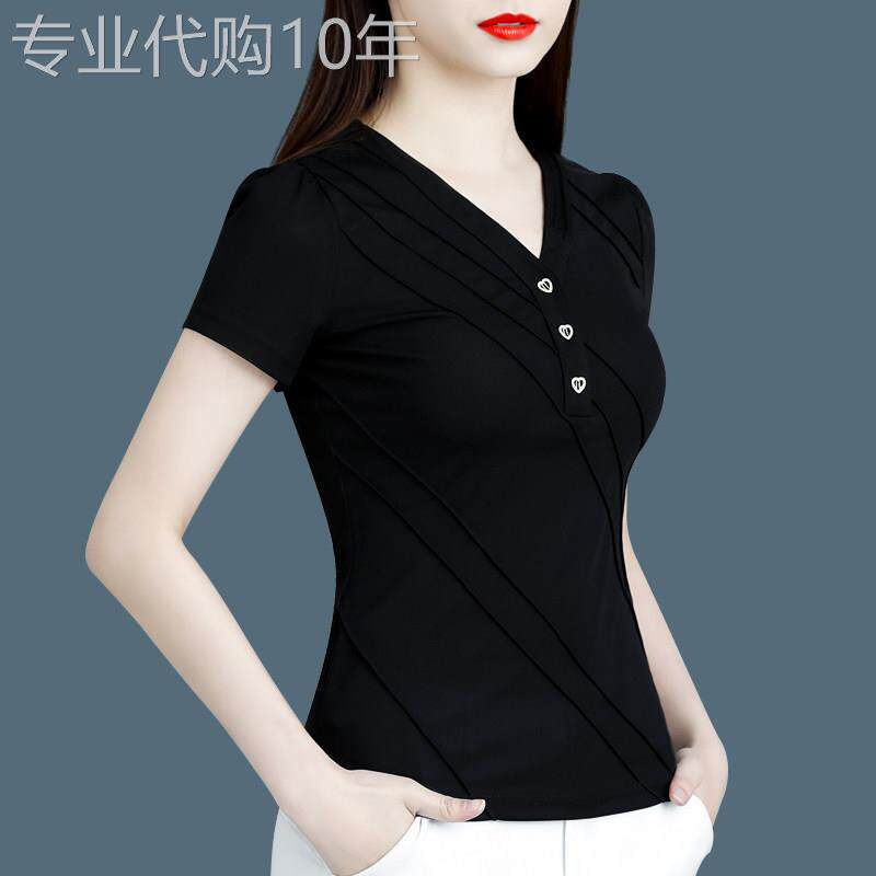 egmg短袖T恤女夏季2026年新款洋派小衫遮肚子薄款黑色短款V领上衣