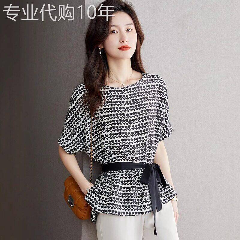 蝙蝠袖雪纺衬衫女夏季薄2026新款设计感印花收腰显瘦系带短袖上衣