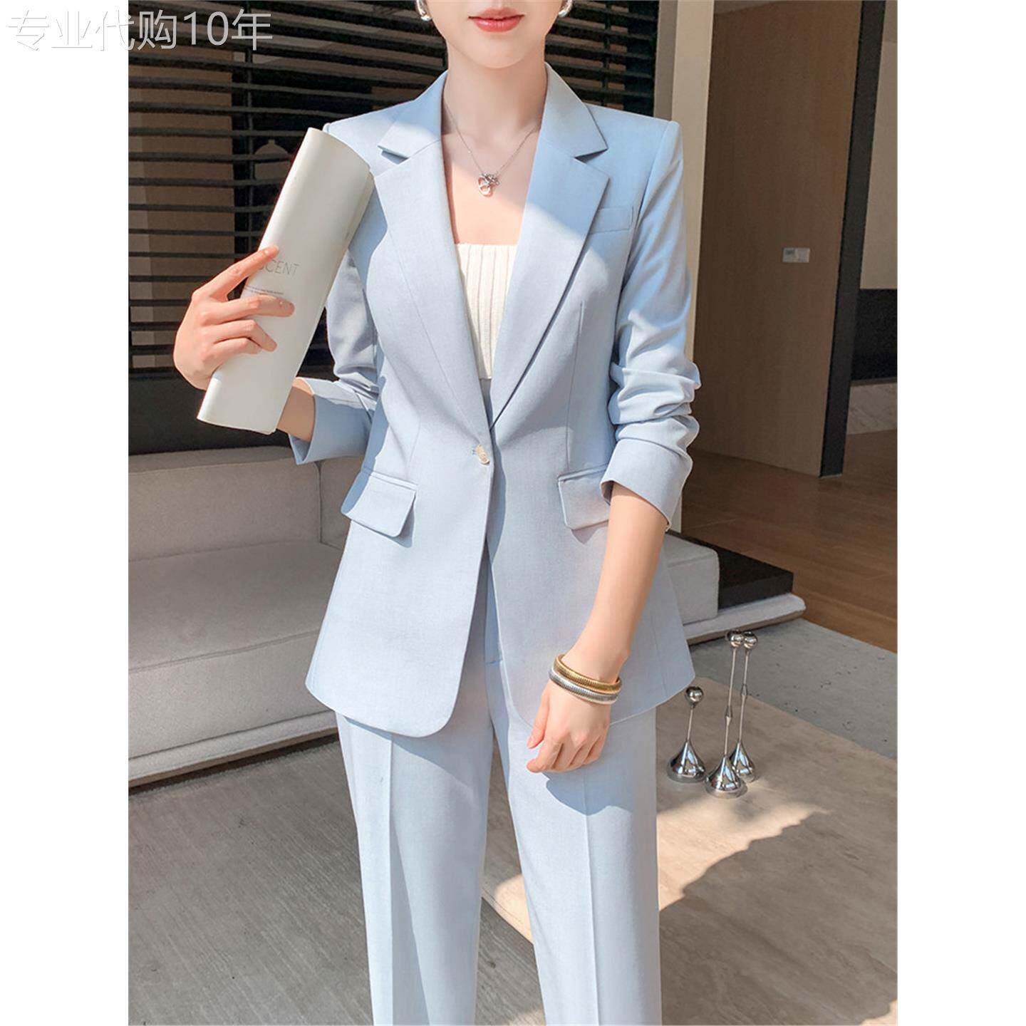 egmg西装套装女春秋2026新款气质阔腿裤上班服蓝色休闲西服两件套