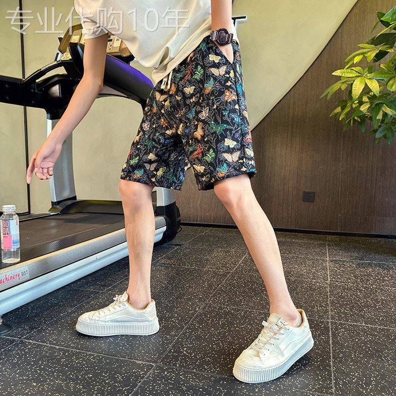冰丝休闲短裤男士夏季薄款凉感蝴蝶提花外穿沙滩裤潮流时尚休闲短