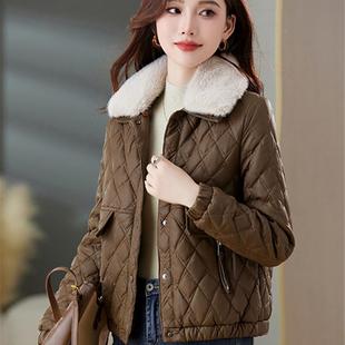 小个子时尚皮毛领菱格羽绒服女2025年短款加绒显瘦气质外套咖啡色