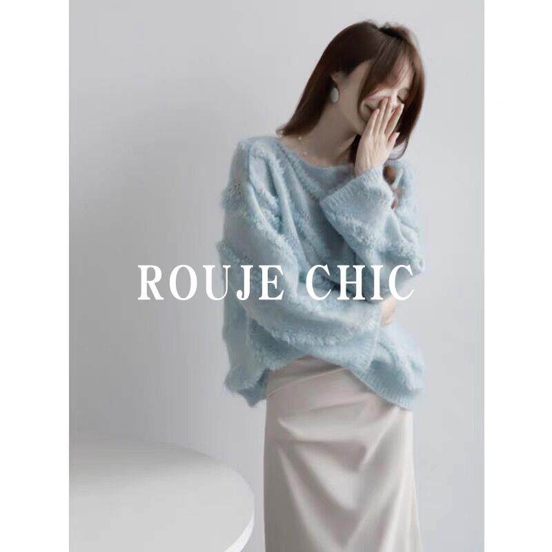 法国rouje chic复古马海毛一字领毛衣女秋冬季套头宽松小众针织衫