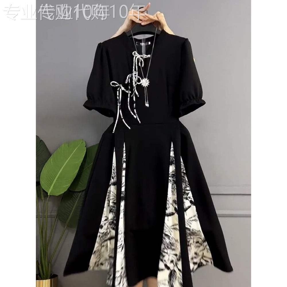 香港大码连衣裙夏季新款欧货胖妹妹洋气遮肚唐扣中国风拼色长裙子