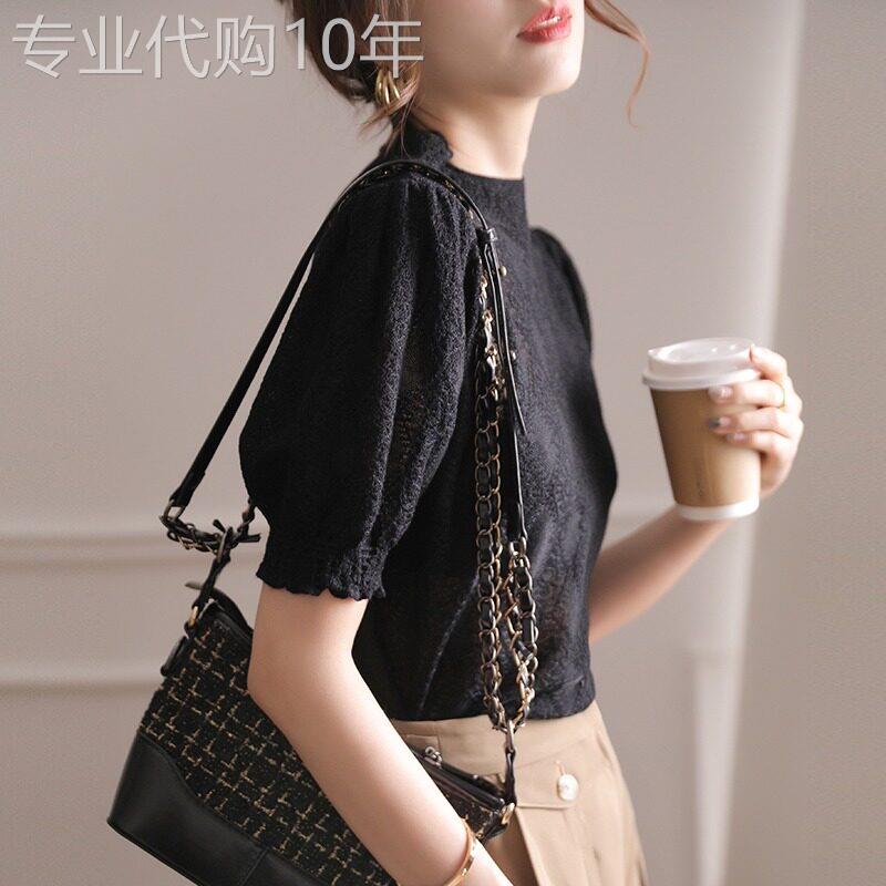 黑色蕾丝短袖t恤女夏2025新款时尚法式镂空气质百搭圆领打底上衣