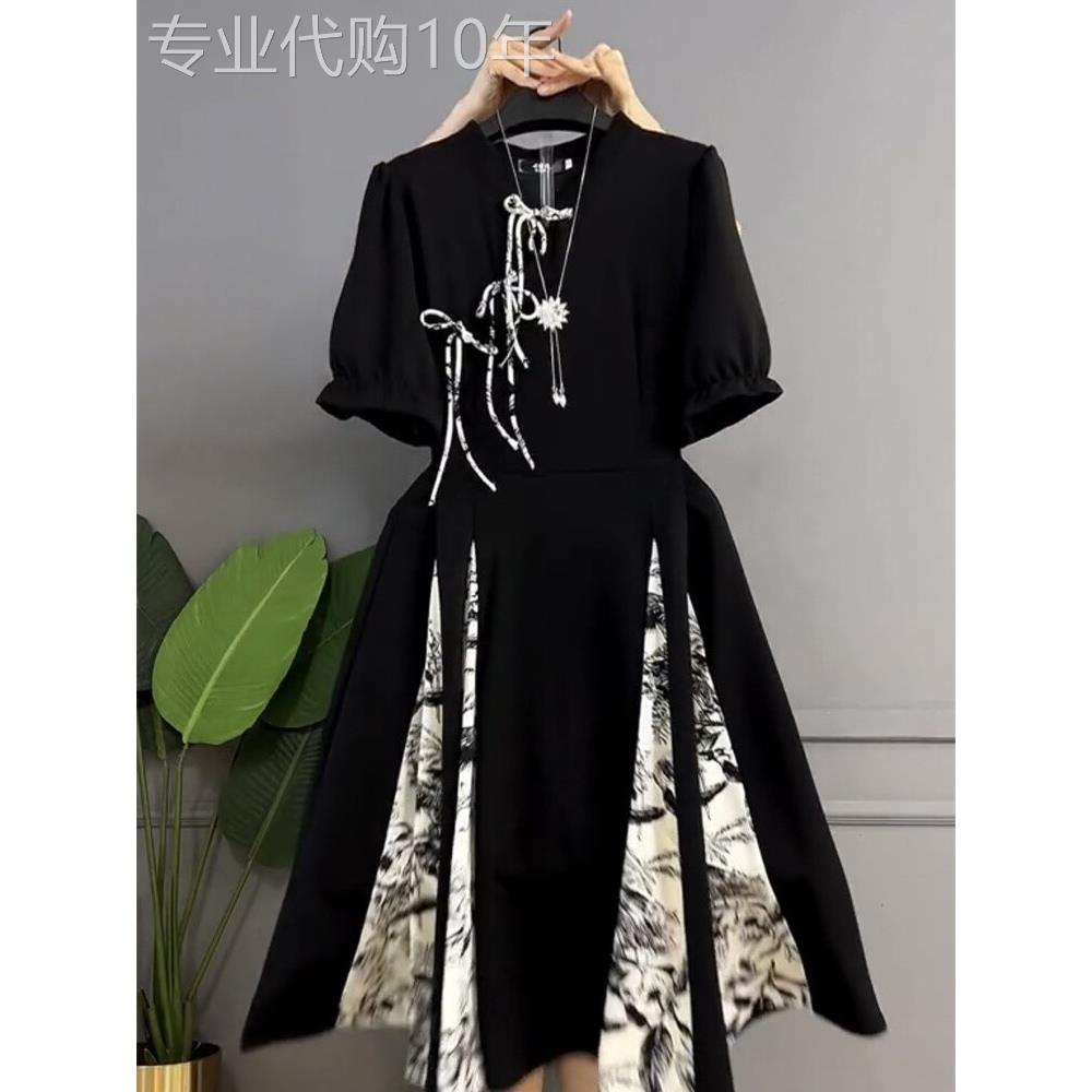 香港大码连衣裙夏季新款欧货胖妹妹洋气遮肚唐扣中国风拼色长裙子