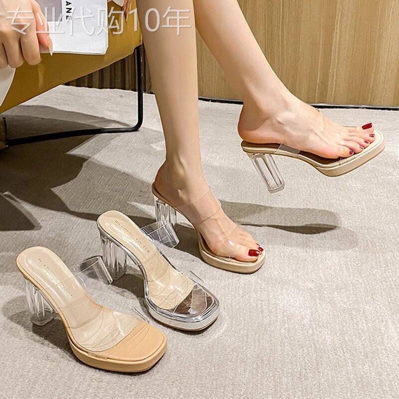 真皮羊皮高跟透明凉鞋女2025夏季新款时尚防水台水晶跟一字带拖鞋